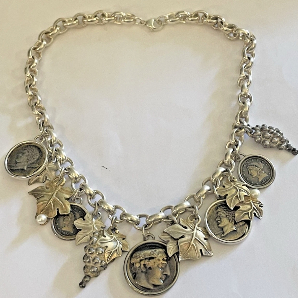 EVC 107g STERLING CHARMS GRAPE LEAVES ROMAN HEAVY 15" CHAIN NECKLACE